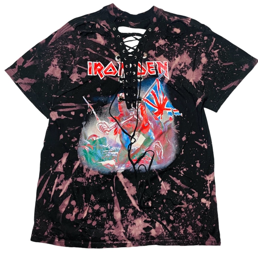 IRON MAIDEN Womens Small T Shirt Distressed Holes The Trooper Tie Dye Metal Rock